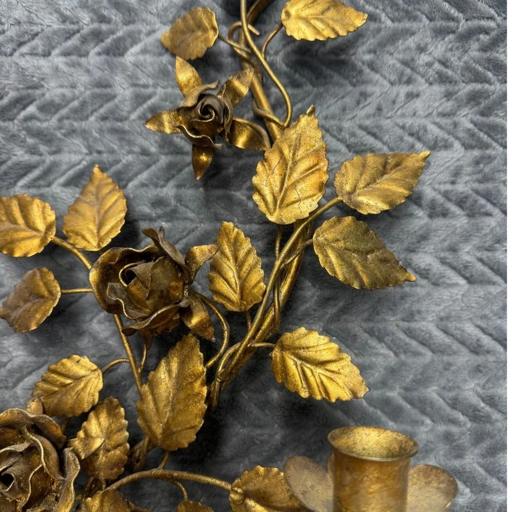 Vintage Gold Gilt Metal Rose Bouquet Wall Sconce Double Candle Holder Florentine